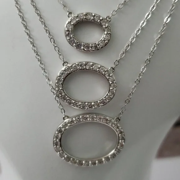 Sterling Silver 925 Three Tier Oval Necklace - Picture 2 of 4
